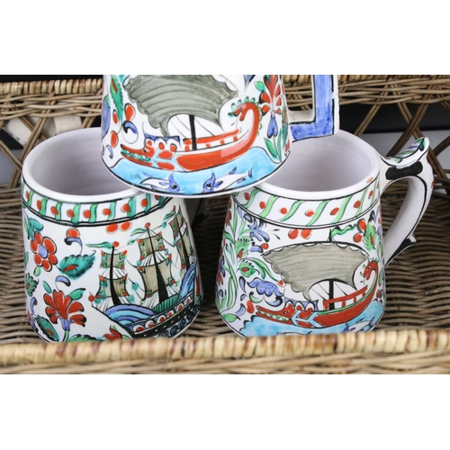 79 - Set of Six Greek Ikaros Pottery Hand Painted Mugs, 12cm high