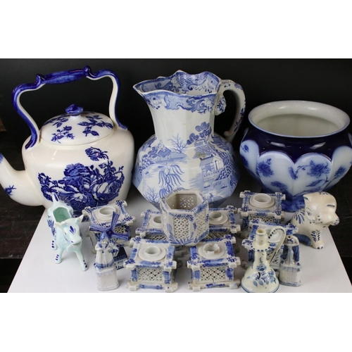 95 - Collection of Blue and White Ceramics including Ironstone Kettle, Mason's Wash Jug, Wedgwood Jardini... 