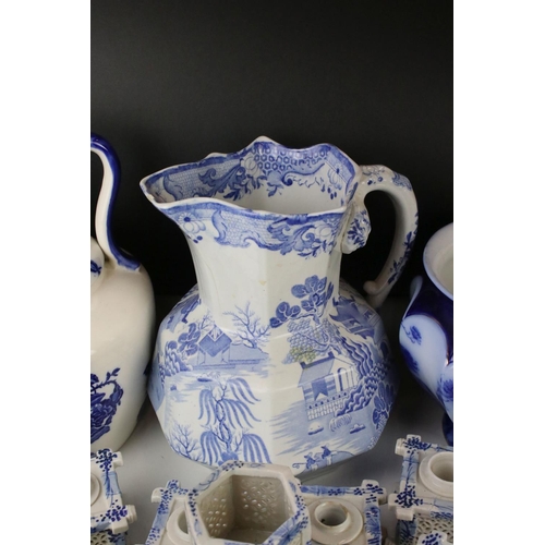 95 - Collection of Blue and White Ceramics including Ironstone Kettle, Mason's Wash Jug, Wedgwood Jardini... 