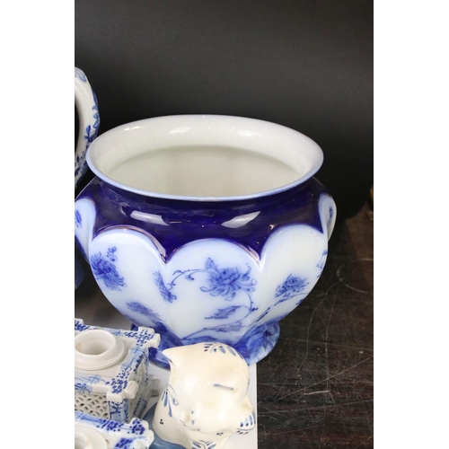 95 - Collection of Blue and White Ceramics including Ironstone Kettle, Mason's Wash Jug, Wedgwood Jardini... 