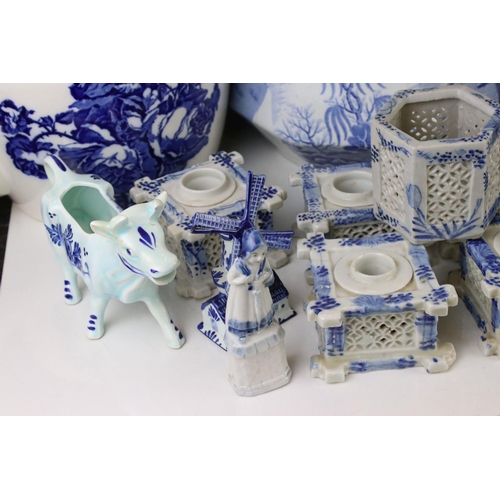 95 - Collection of Blue and White Ceramics including Ironstone Kettle, Mason's Wash Jug, Wedgwood Jardini... 