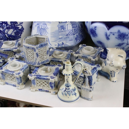 95 - Collection of Blue and White Ceramics including Ironstone Kettle, Mason's Wash Jug, Wedgwood Jardini... 