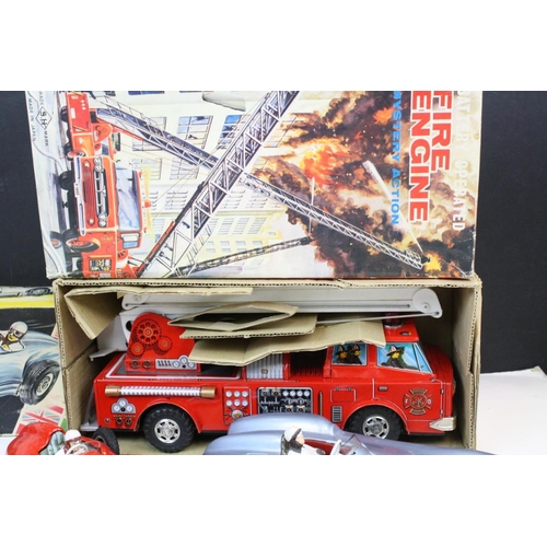 277 - Three Western Germany JNF tin plate model cars (two friction), one with box, plus a boxed SH Japan t... 