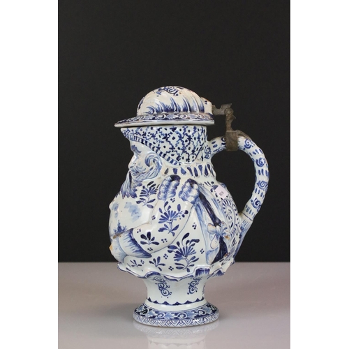 1 - Delft Faience Tin Glazed Pottery Lidded Jug / Tankard in the form of a Bearded Man with pewter mount... 