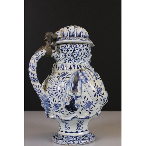 1 - Delft Faience Tin Glazed Pottery Lidded Jug / Tankard in the form of a Bearded Man with pewter mount... 