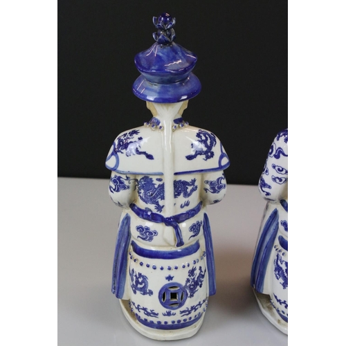 15 - Two Chinese Blue and White Figures of Seated Emperors, character marks to base, 33cm high