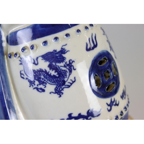 15 - Two Chinese Blue and White Figures of Seated Emperors, character marks to base, 33cm high