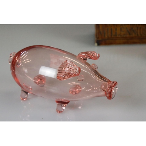 28 - Grayshott Pottery Moneybox, Thelwell Pig Moneybox and Glass Pig Moneybox