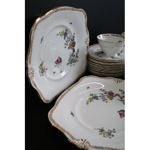 56 - Early 20th century Tuscan Plant Tea Set decorated with birds, insects and foliage comprising 10 Tea ... 