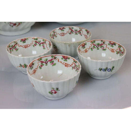 8 - Set of Six Newhall Fluted Tea Bowls with five matching Saucers,13cm diameter and a Slop Bowl togethe... 