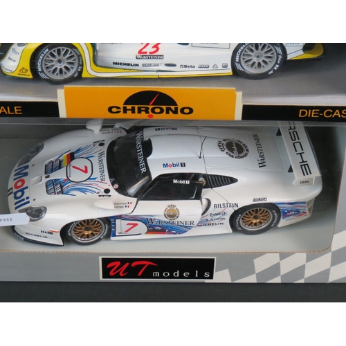 462 - Five boxed 1:18 diecast models to include 2 x UT models (Porsche No63, No7) & 3 x Chrono (H1071 Lotu... 