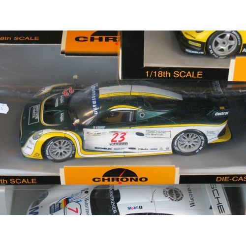 462 - Five boxed 1:18 diecast models to include 2 x UT models (Porsche No63, No7) & 3 x Chrono (H1071 Lotu... 