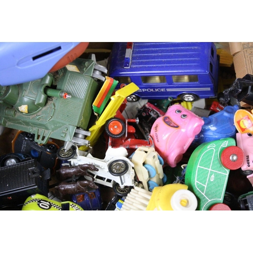 368 - Quantity of play worn diecast, plastic and tin plate toys, condition varies