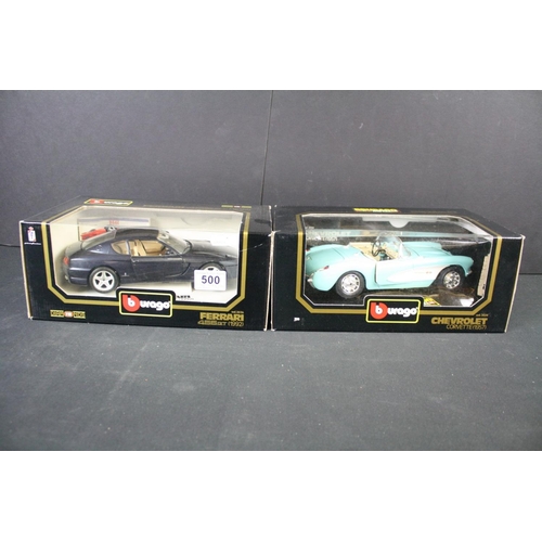 500 - Six boxed Burago 1:18 diecast models to include Ferrari 456GT 1992, Chevrolet Corvette 1957, Dodge V... 