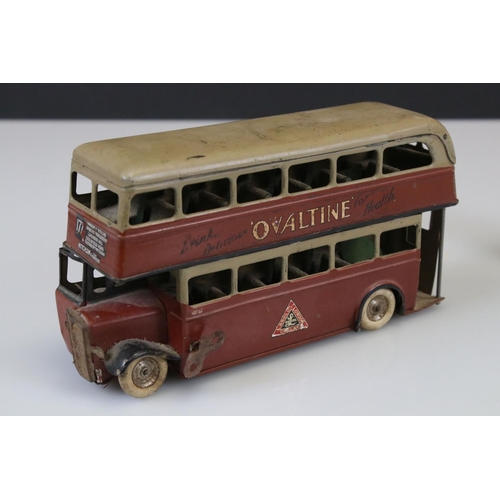 284 - Triang Minic clockwork tin plate bus with Bovril / Ovaltine decals, showing wear, plus a tin plate c... 