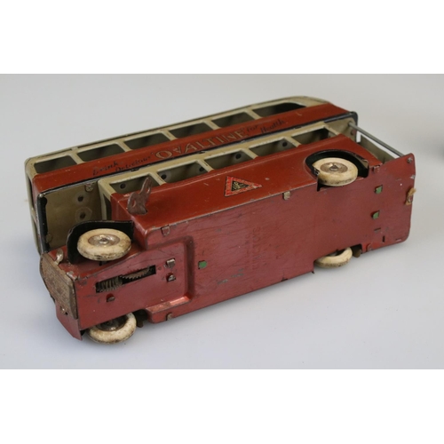 284 - Triang Minic clockwork tin plate bus with Bovril / Ovaltine decals, showing wear, plus a tin plate c... 