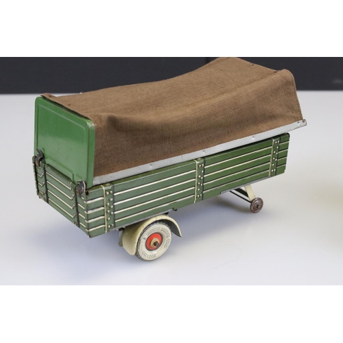 285 - Tippco tin plate truck & trailer with original cover in green & cream, showing paint loss, gd overal... 