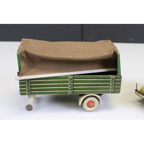 285 - Tippco tin plate truck & trailer with original cover in green & cream, showing paint loss, gd overal... 