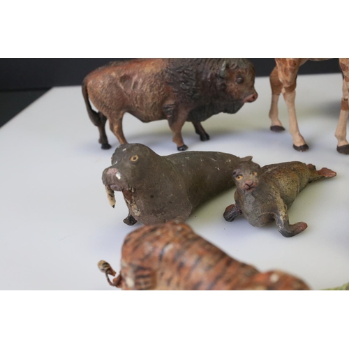 305 - Collection of Elastolin zoo animal figures to include seal, giraffe, rhino, tiger, camel, wolf and m... 