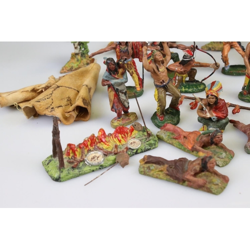 311 - Collection of Elastolin Wild West figures to include Native Americans and horses plus a group of tre... 