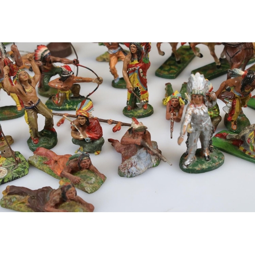 311 - Collection of Elastolin Wild West figures to include Native Americans and horses plus a group of tre... 