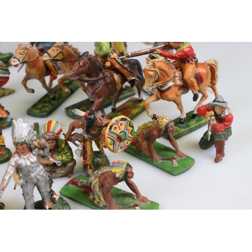 311 - Collection of Elastolin Wild West figures to include Native Americans and horses plus a group of tre... 