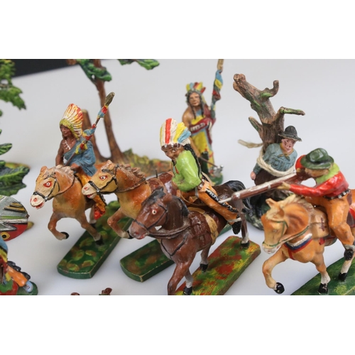 311 - Collection of Elastolin Wild West figures to include Native Americans and horses plus a group of tre... 