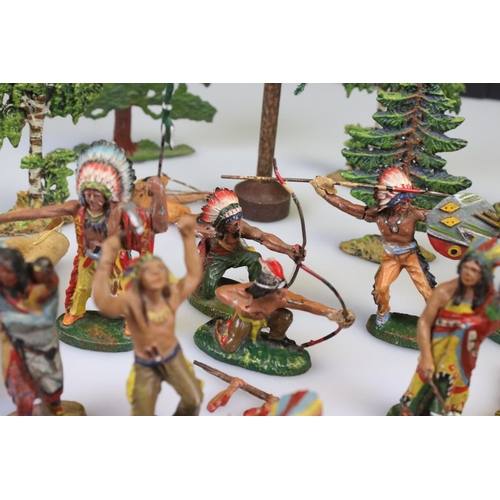 311 - Collection of Elastolin Wild West figures to include Native Americans and horses plus a group of tre... 