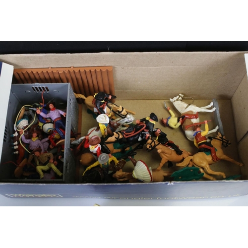 316 - Collection of plastic Timpo Wild West figures and accessories to include 2 x horse drawn wagons, tep... 