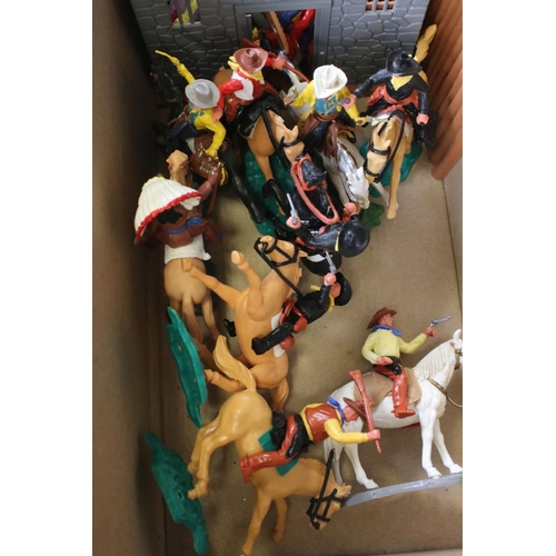 316 - Collection of plastic Timpo Wild West figures and accessories to include 2 x horse drawn wagons, tep... 