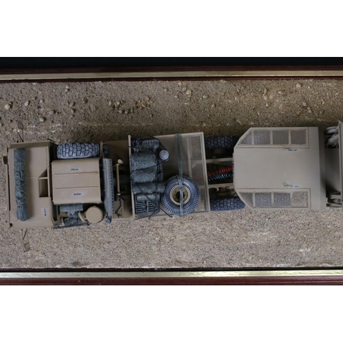 424 - Two cased plastic kit built military models, very well made with diorama scenery, plastic case lengt... 