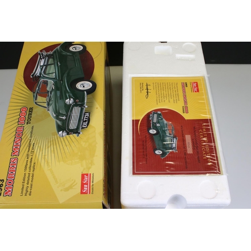 428 - Boxed Sun Star ltd edn 1:12 4773 1963 Morris Minor 1000 Tourer diecast model in green with cream hoo... 