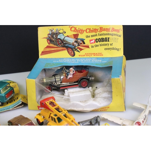 526 - 13 Mid 20th C play worn diecast models to include a boxed Corgi 266 Chitty Chitty Bang Bang (no chil... 