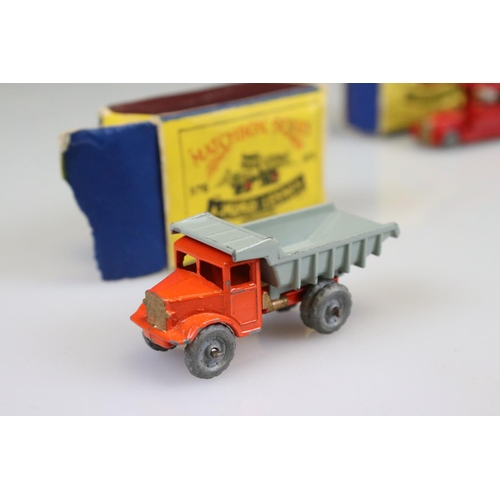 557 - Five boxed Matchbox Lesney 75 Series diecast models to include 6 with orange cab and grey tipper (mi... 