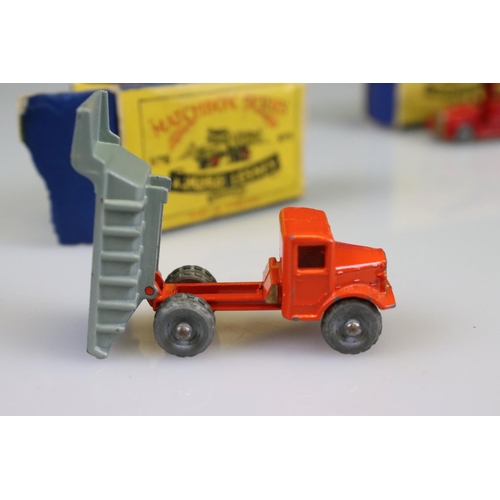 557 - Five boxed Matchbox Lesney 75 Series diecast models to include 6 with orange cab and grey tipper (mi... 