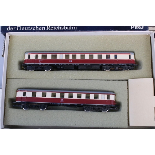 112 - Collection of boxed Piko HO gauge model railway to include Triebwagenzug BR185 BR195, Schnellzugloko... 