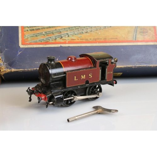 122 - Boxed Hornby O gauge No 101 Tank Passenger Train Set with LMS 0-4-0 Locomotive in maroon, 3 x coache... 