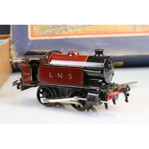 122 - Boxed Hornby O gauge No 101 Tank Passenger Train Set with LMS 0-4-0 Locomotive in maroon, 3 x coache... 