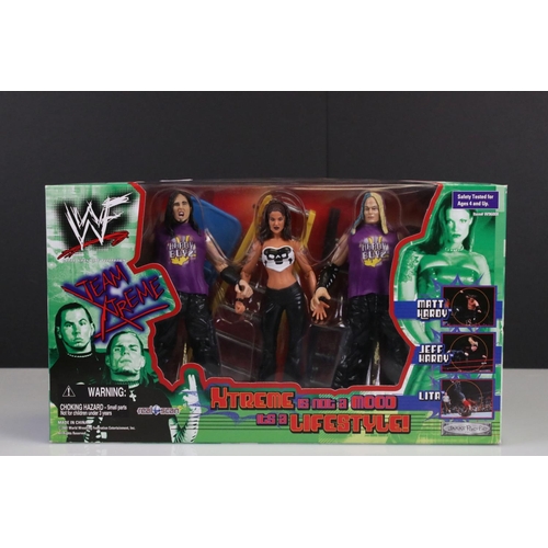 159 - WWE WWF Wrestling - Boxed Jakks Pacific WWF Team Xtreme 3 figure set with Hardy Boyz & Lita plus a c... 