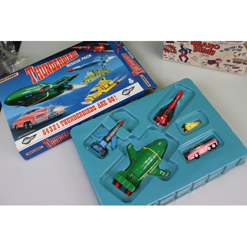 231 - Group of TV related models and figures to include boxed Matchbox Thunderbirds Rescue Pack, boxed Des... 