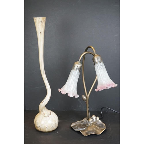 41 - Bronze effect Table Lamp in the Art Nouveau manner of Lily form with two glass shades, 41cm high tog... 