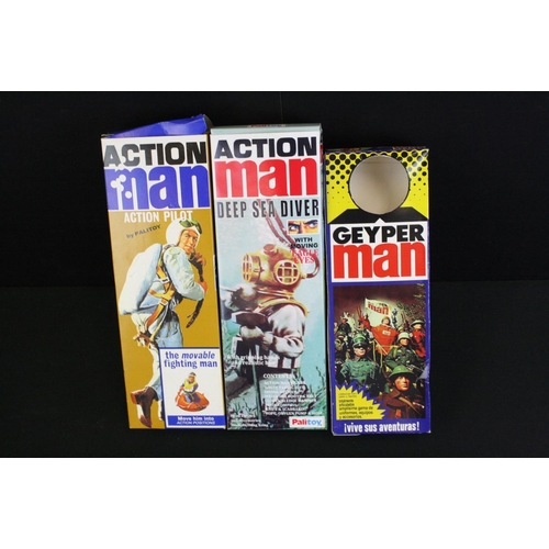 374 - Action Man - Five original figures with various reproduction boxes, plus a boxed AM Palitoy Task For... 