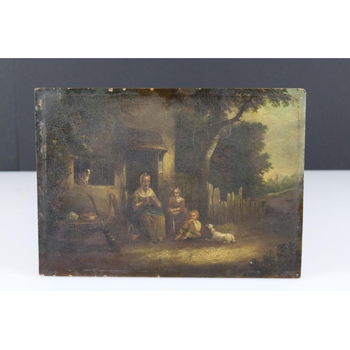 127 - Attributed to Barker of Bath, Oil on Board Study of Country Folk sitting outside of a cottage, 17cms... 