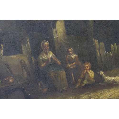 127 - Attributed to Barker of Bath, Oil on Board Study of Country Folk sitting outside of a cottage, 17cms... 