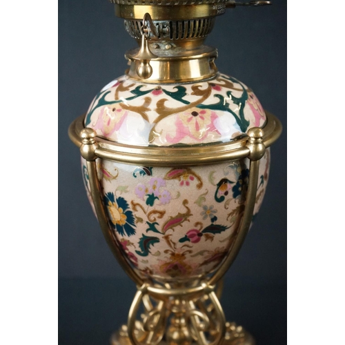 122 - Zolnay Pecs pink floral patterned Ceramic Oil Lamp with drop-in font and brass base, Messengers burn... 