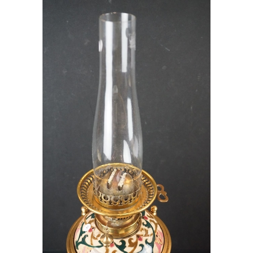 122 - Zolnay Pecs pink floral patterned Ceramic Oil Lamp with drop-in font and brass base, Messengers burn... 