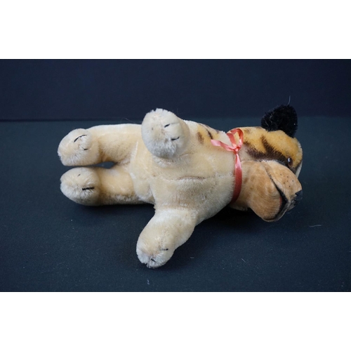 177 - Six mid 20th C soft toy animals to include 3 x Steiff (lamb with tag/button to ear, lying down dog w... 