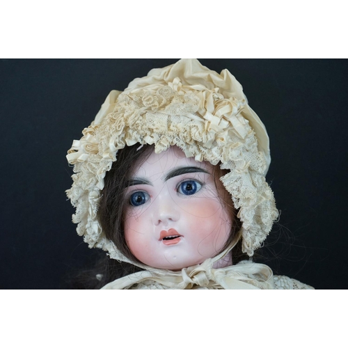 182 - Bebe Jumeau bisque headed doll with sleeping blue glass eyes, painted face, marked 11 to back of nec... 