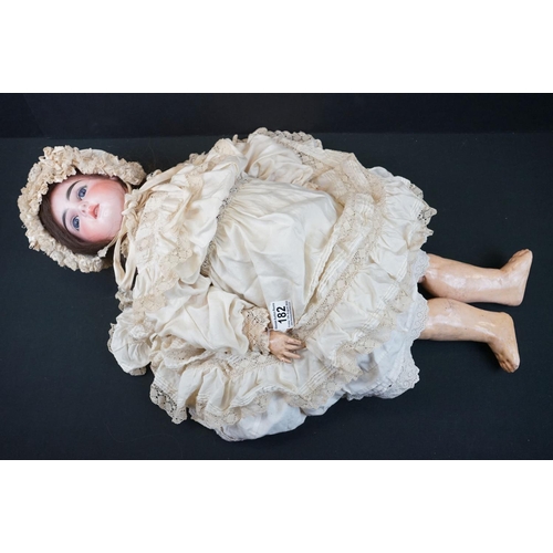 182 - Bebe Jumeau bisque headed doll with sleeping blue glass eyes, painted face, marked 11 to back of nec... 