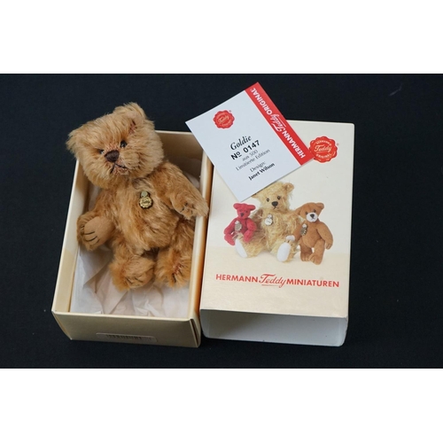 213 - Four Boxed Hermann miniature Teddy bears with certificates, to include 0141 Goldie (faded box), 0168... 